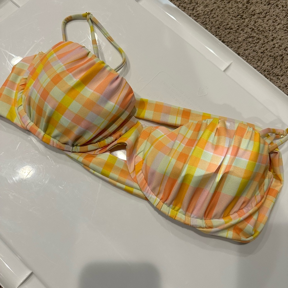 Skatie Plaid Bandeau Bikini Top in Pastel Orange and Yellow